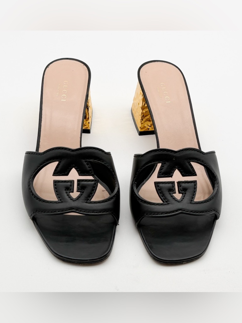 Gucci Cosmos Cut Out GG Slide Black Leather Sandals Gold Heel EU 39.5 US 9.5 - Picture 2 of 11
